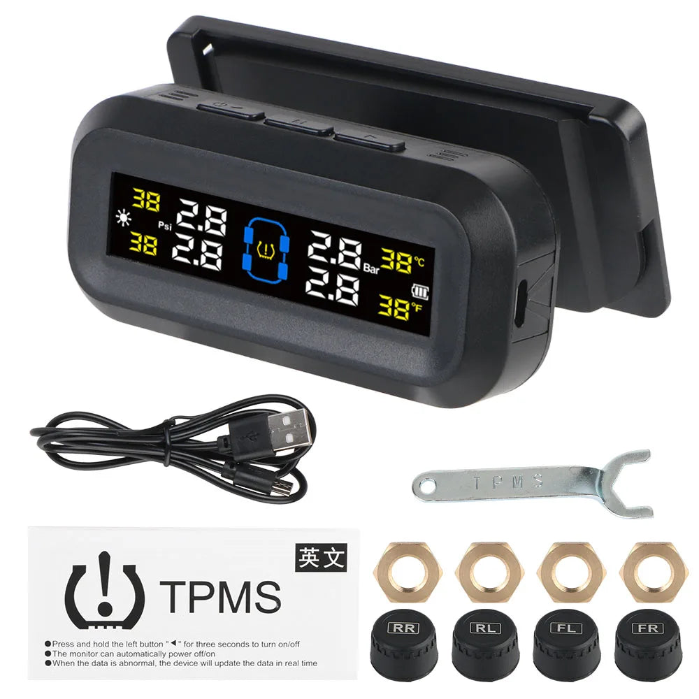 Solar Tire Pressure Monitoring System, Wireless TPMS with 4 External Sensors, Real-Time Pressure and Temperature, PSI or Bar, 15 Styles