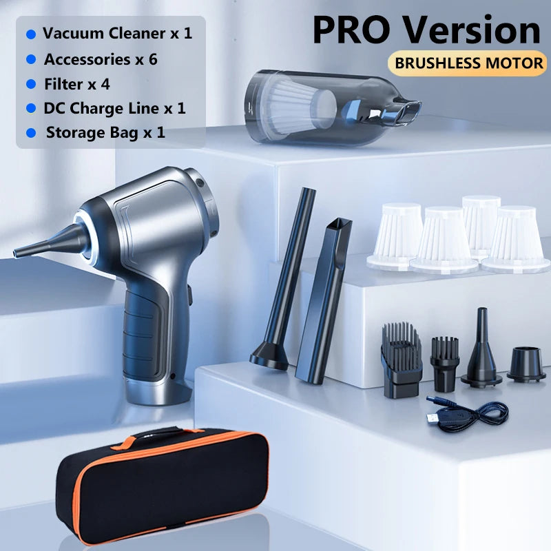 Rechargeable Handheld Car Vacuum, Up to 15000 Pa Suction, Basic or Pro Brushless Version, Blower Mode, Optional Extra HEPA Filters