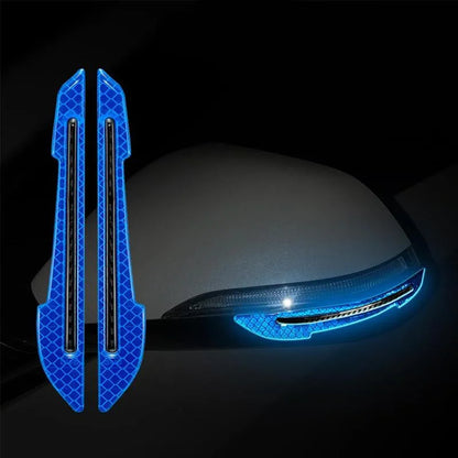 Blue reflective strips on a car side mirror