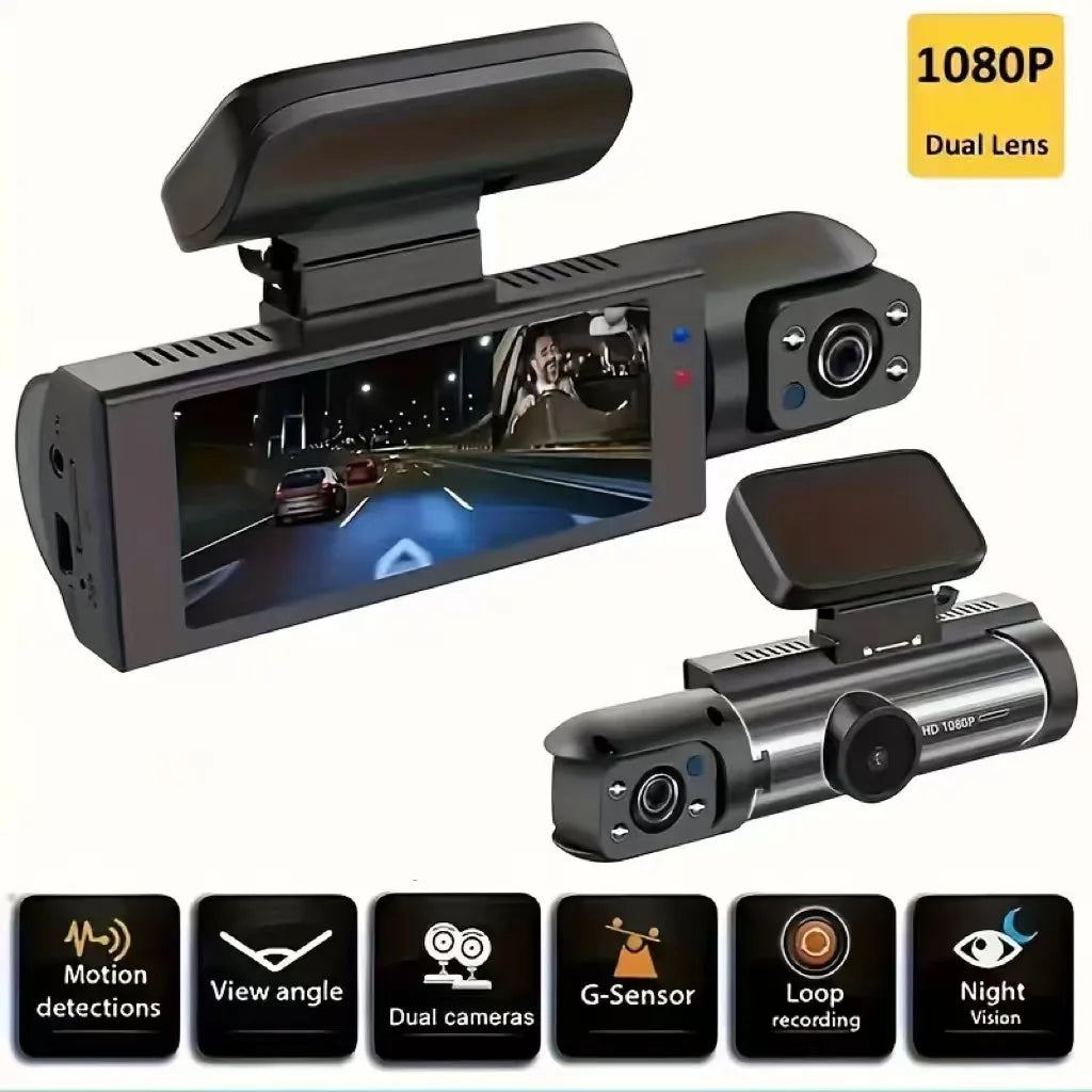 Dual lens dash cam with front and cabin cameras