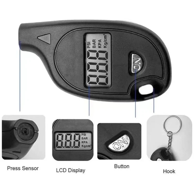 Digital tire gauge parts: pressure sensor, LCD display, power button and key ring hook