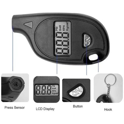 Digital tire gauge parts: pressure sensor, LCD display, power button and key ring hook