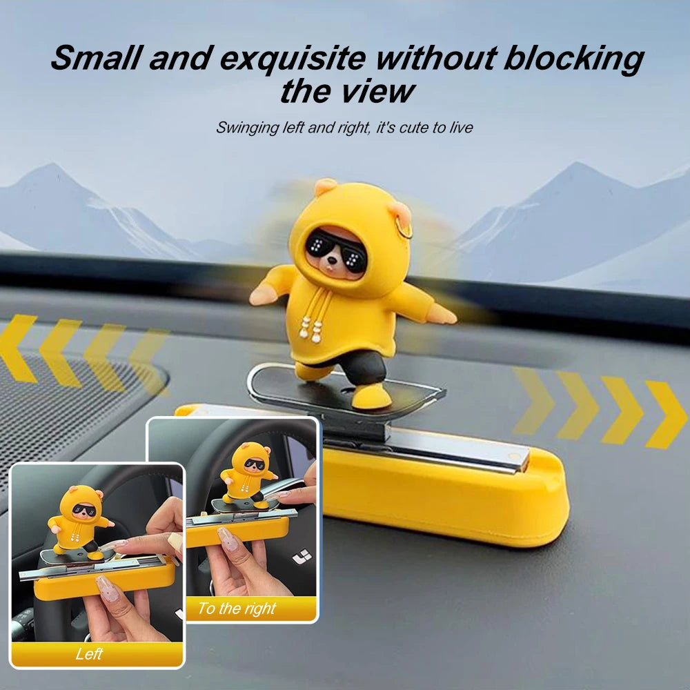Skateboarding Bear Dashboard Ornament, Sliding Bear Car Decoration with Optional Magnetic Phone Number Plate, 5 Colors