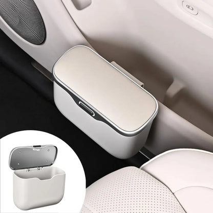 Hanging Car Trash Can with Push Lid, PU Leather Wet and Dry Garbage Bin and Storage Box, Black or Beige