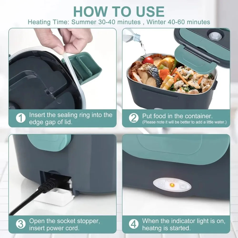 60W Electric Lunch Box for Car, Truck and Home, 1.5 L Heated Food Container with Stainless Steel Liner, Carry Bag, Fork and Spoon