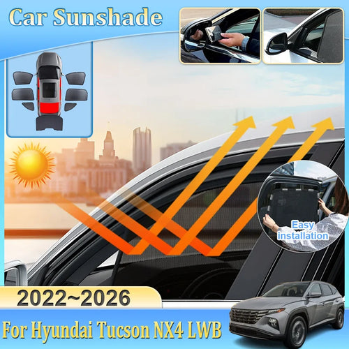 Magnetic Mesh Window Shades for Hyundai Tucson 2022-2026 (NX4), Black Side and Rear Shades, Pairs to 7-Piece Set