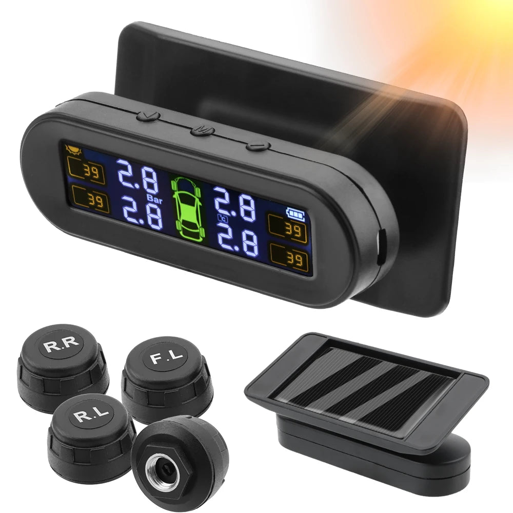 Solar Tire Pressure Monitoring System, Wireless TPMS with 4 External Sensors, Real-Time Pressure and Temperature, PSI or Bar, 15 Styles