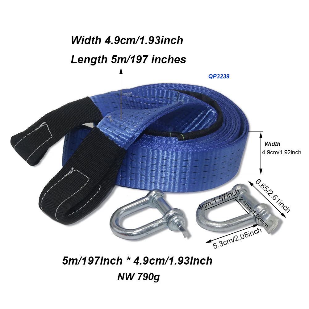 8 Ton Tow Strap with U Shackles, 5 m (16.4 ft) High Strength Polyester Recovery Strap, Reflective Blue or Yellow