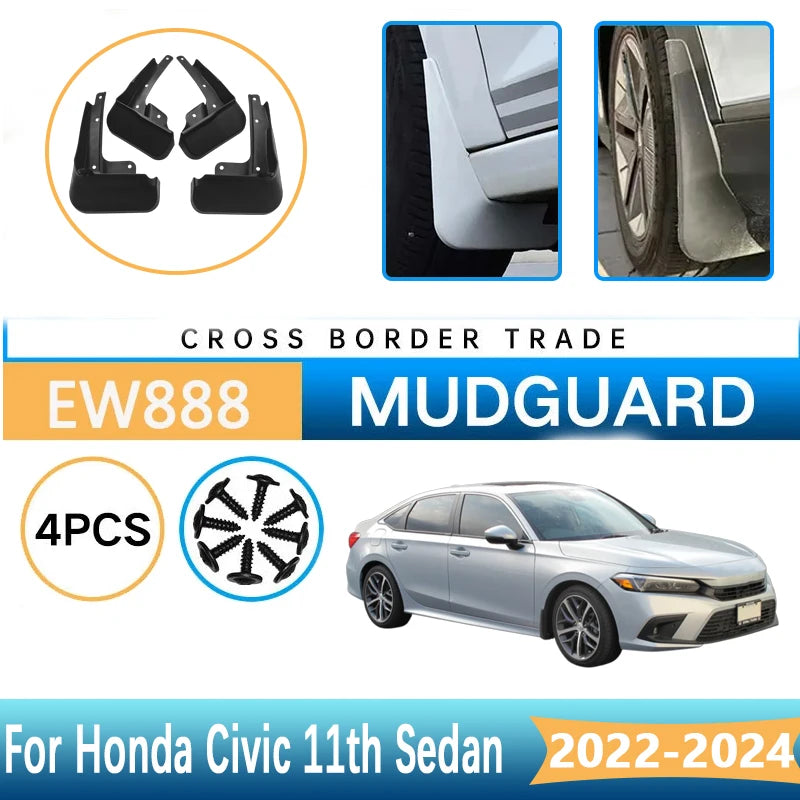 Mud Flaps for Honda Civic LX Sedan 2022-2024 (11th Gen), Set of 4 Black Front and Rear Splash Guards