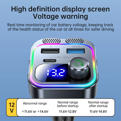 66W Car Charger with Bluetooth 5.4 FM Transmitter, Dual PD Fast Charging, Hands-Free Calling with Dual Mics, Bass Boost