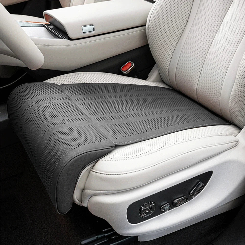 Car Seat Cushion with Leg Support Extension, Perforated Faux Leather Thigh Support Pad for Long Drives, Black or White