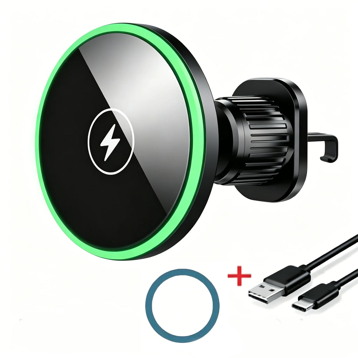 Magnetic Wireless Car Charger and Vent Mount with LED Light Ring, Fast Charging for iPhone 12 and Newer, With or Without Cable