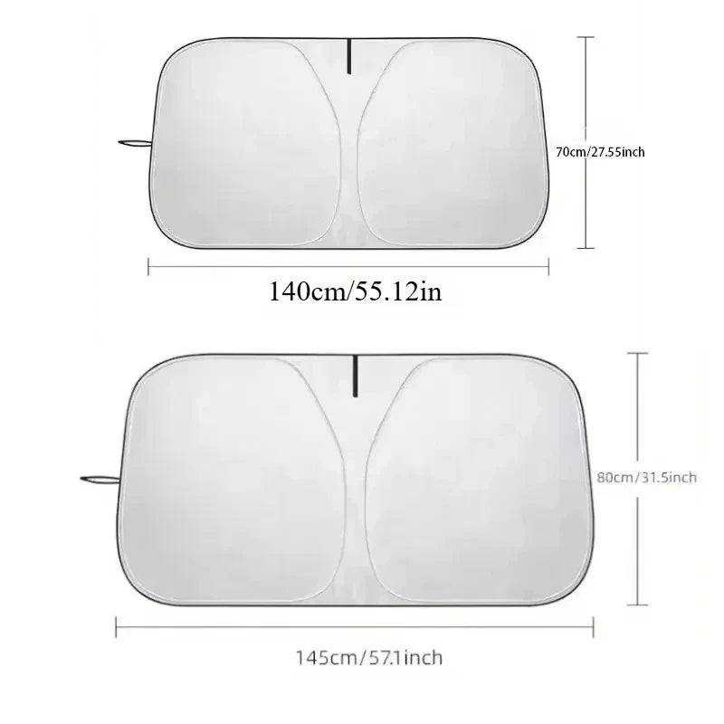 Windshield sun shade sizes: Small 55.1 x 27.6 in, Large 57.1 x 31.5 in