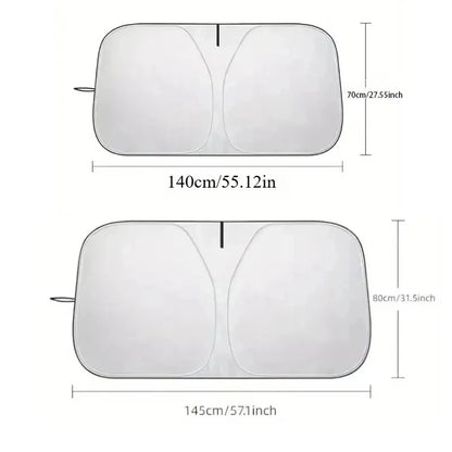 Windshield sun shade sizes: Small 55.1 x 27.6 in, Large 57.1 x 31.5 in