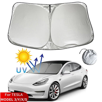 Windshield Sun Shade for Tesla Model Y 2020-2025 and Model 3 2017-2025, Foldable Polyester Front Shade, One Size