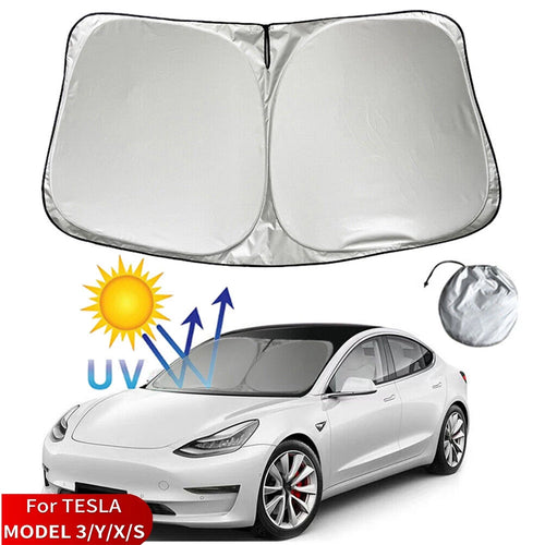 Windshield Sun Shade for Tesla Model Y 2020-2025 and Model 3 2017-2025, Foldable Polyester Front Shade, One Size