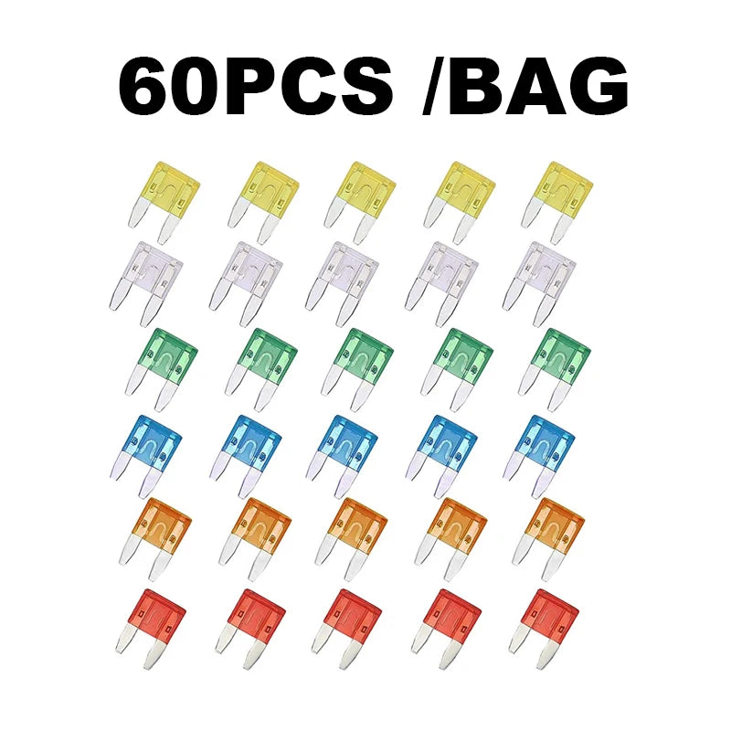60 assorted small blade fuses in a bag