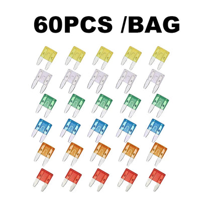 60 assorted small blade fuses in a bag