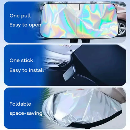 Windshield Sun Shade for Tesla Model 3 and Model Y, Highland and Juniper, 4-Layer Reflective Foldable Shade, Silver or Laser Finish