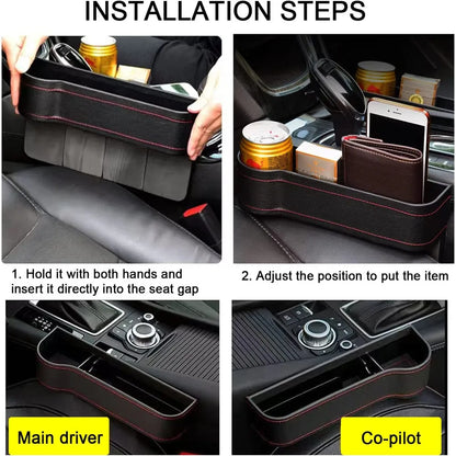 PU Leather Car Seat Gap Organizer — Key Holder with Charging Port Cutout