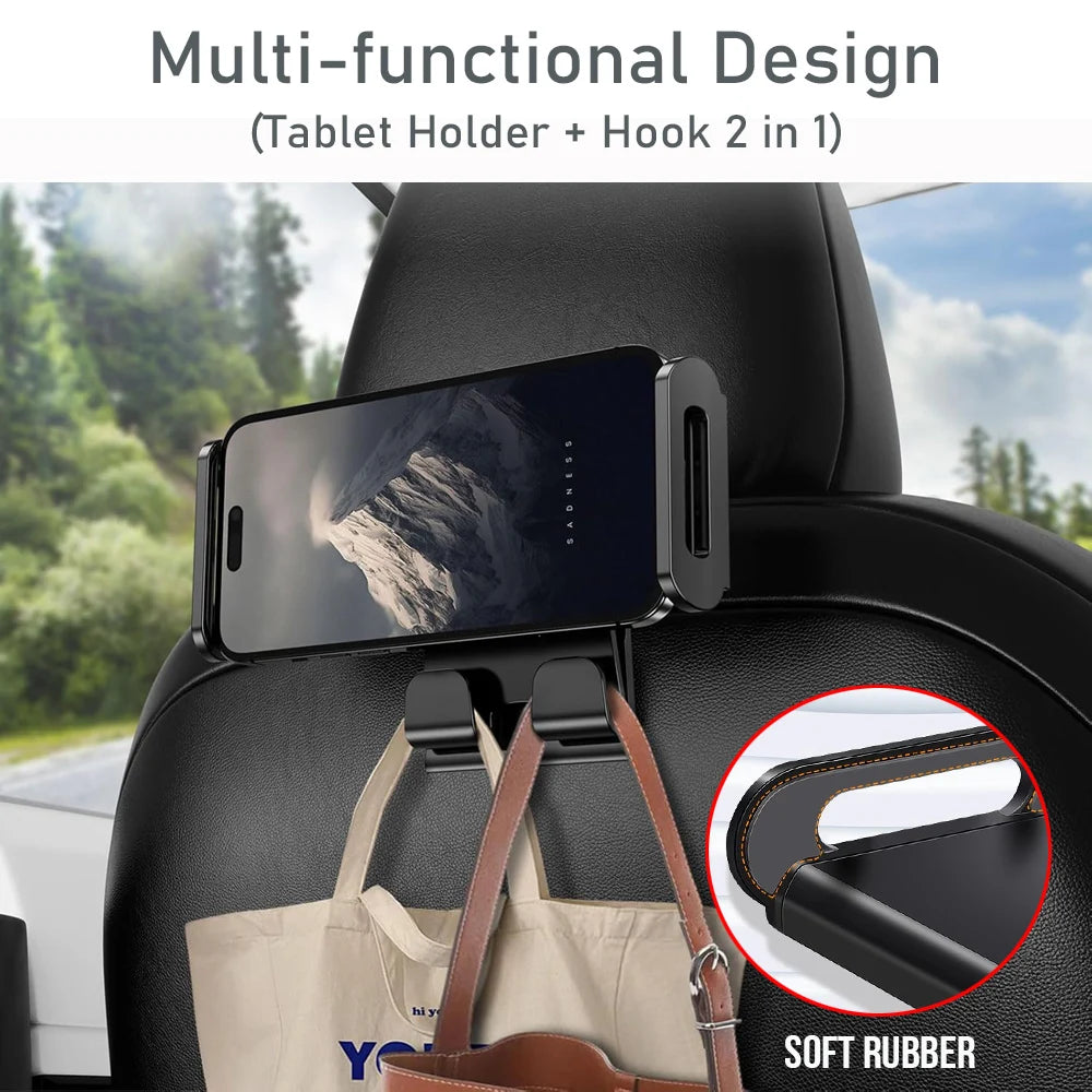 Headrest Phone and Tablet Holder for Tesla Model 3 and Model Y, 360 Degree Rotating Back Seat Mount Up to 8 Inch, 2 Hooks