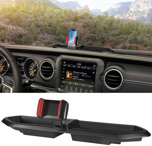 Dash Storage Tray with Phone Holder Mount for Jeep Wrangler 2018+ (JL and JLU), Black Dash Panel Organizer