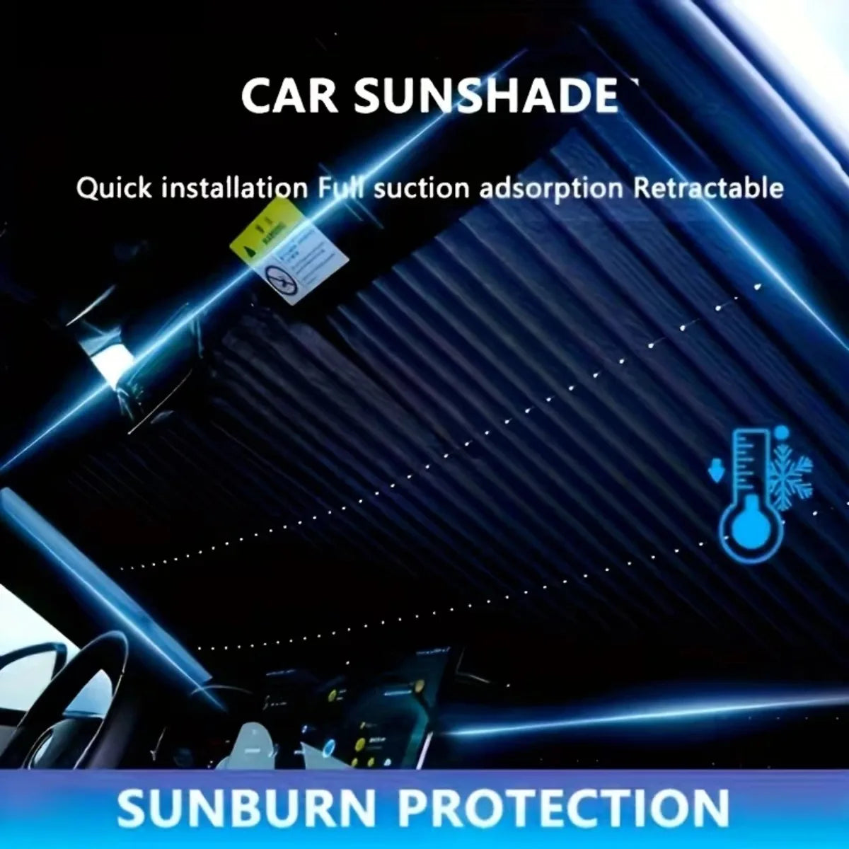 Retractable sun shade covering a windshield, seen from inside the car