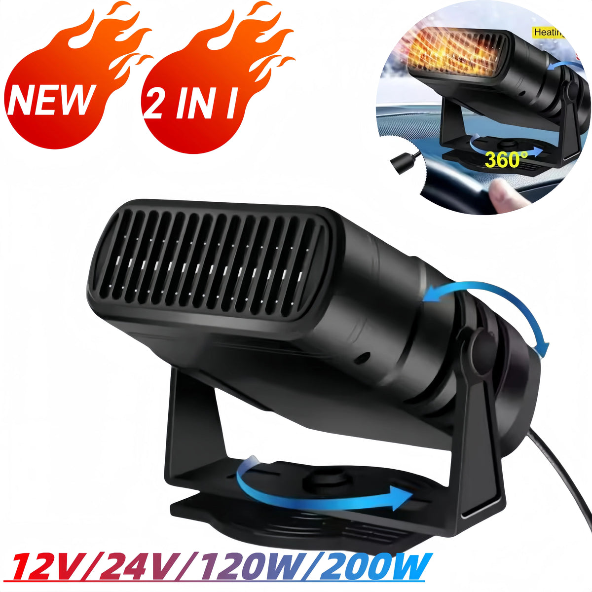 Dual Mode Portable Car Heater and Cooling Fan, 360 Degree Rotating Windshield Defroster and Defogger, 12V 120W or 24V 200W
