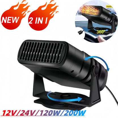 Dual Mode Portable Car Heater and Cooling Fan, 360 Degree Rotating Windshield Defroster and Defogger, 12V 120W or 24V 200W
