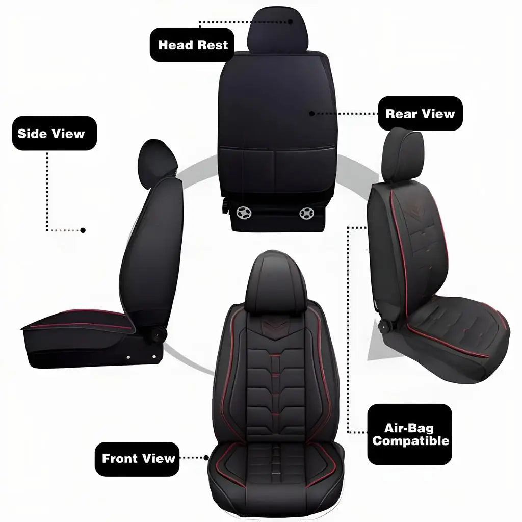 Car Seat Covers for Toyota Camry, Full Set for 5 Seats, Black PU Leather with Red Stitching, Water-Resistant Front and Rear