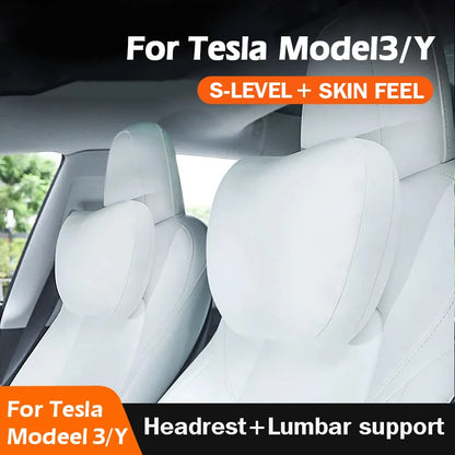 Headrest and Lumbar Pillows for Tesla Model 3 and Model Y, Soft Skin-Feel Neck and Back Support, White or Black