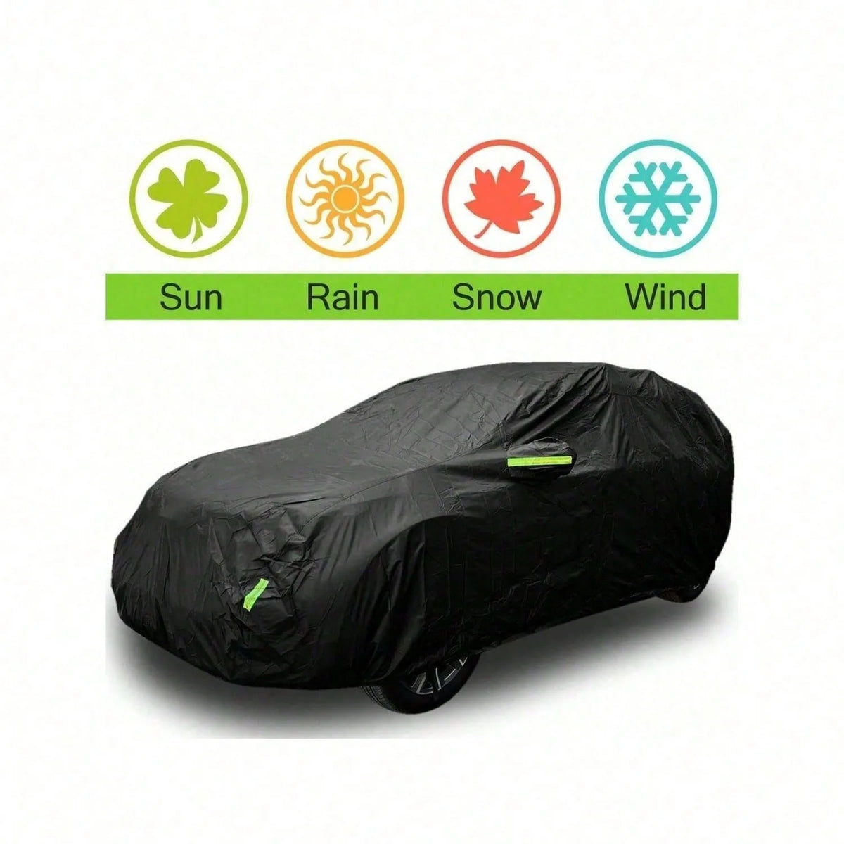 Covered SUV with icons for sun, rain, snow and wind protection