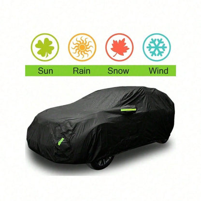 Covered SUV with icons for sun, rain, snow and wind protection