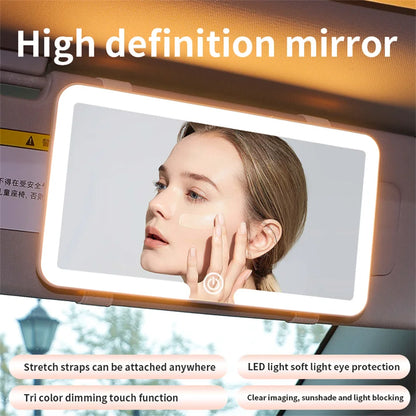 Car Sun Visor Vanity Mirror with LED Lights, Touch Control and Adjustable Brightness, Rechargeable, Elastic Strap Mount, White