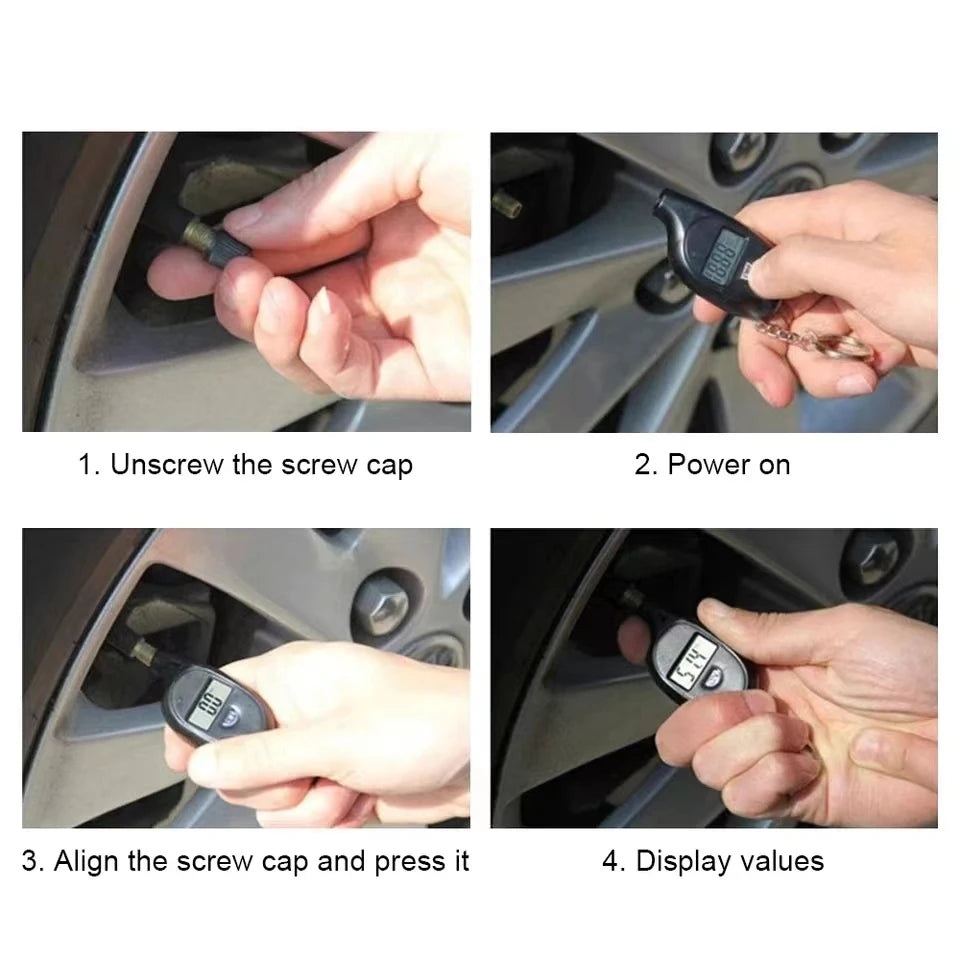Four steps: unscrew the valve cap, power on, press onto the valve, read the display