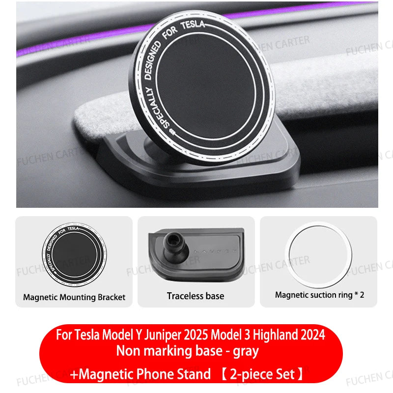 Round Magnetic Phone Mount for Tesla Model Y Juniper 2025 and Model 3 Highland 2024-2025, Snap-On ABS Holder, Rotates 360 Degrees