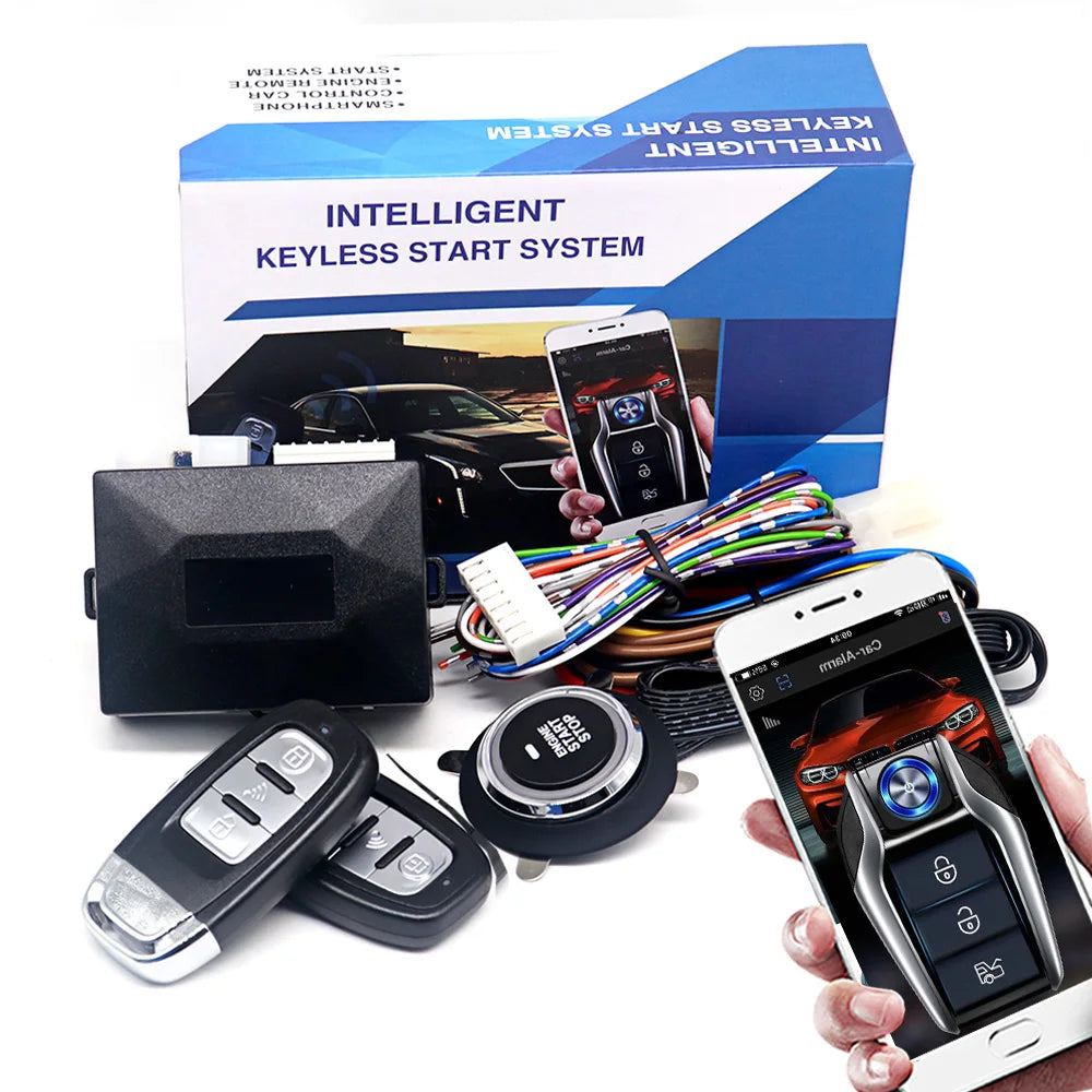 Keyless Entry and Push Button Start Kit with Remote Start and App Control, Aftermarket Car Alarm, Professional Installation Required