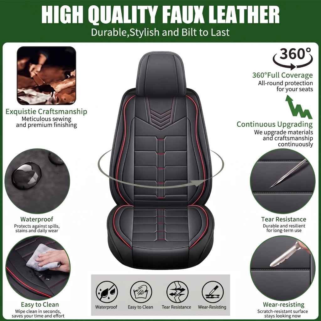 Car Seat Covers for Toyota Camry, Full Set for 5 Seats, Black PU Leather with Red Stitching, Water-Resistant Front and Rear