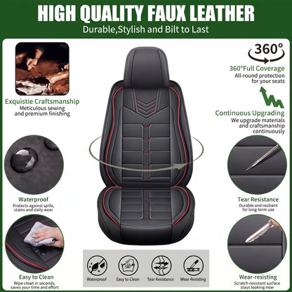 Car Seat Covers for Toyota Camry, Full Set for 5 Seats, Black PU Leather with Red Stitching, Water-Resistant Front and Rear
