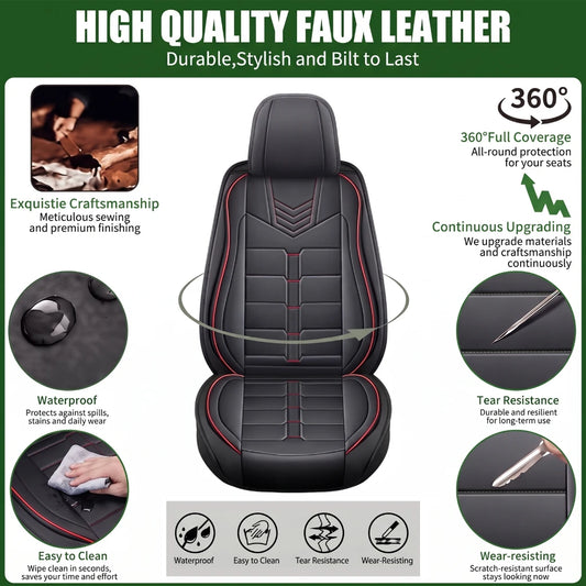 Car Seat Covers for Toyota Camry, Full Set for 5 Seats, Black PU Leather with Red Stitching, Water-Resistant Front and Rear