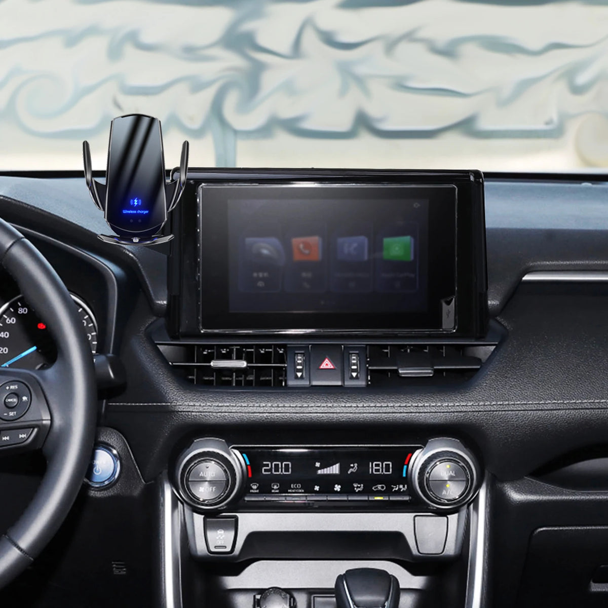 Screen Phone Mount for Toyota RAV4 2019-2023 (XA50) with 8-Inch Screen, Glass-Panel or Carbon-Look Holder, 15W Wireless Charger Option