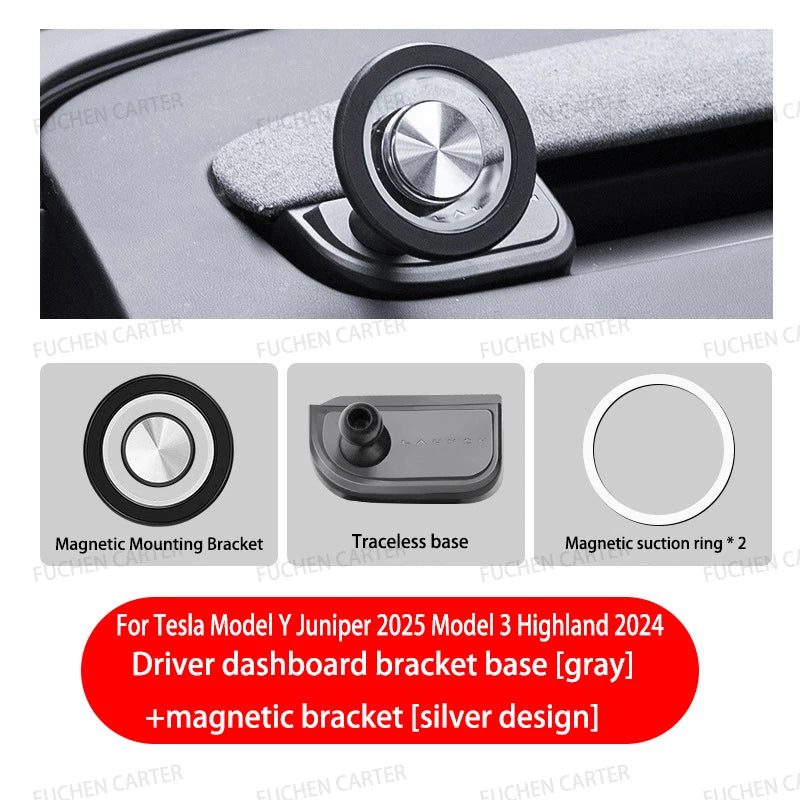 Round Magnetic Phone Mount for Tesla Model Y Juniper 2025 and Model 3 Highland 2024-2025, Snap-On ABS Holder, Rotates 360 Degrees