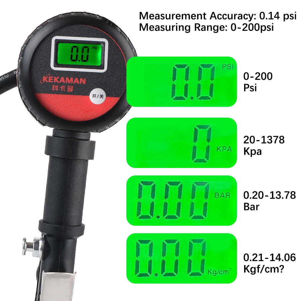 Gauge display in PSI, kPa, bar and kg/cm², measuring range 0 to 200 PSI