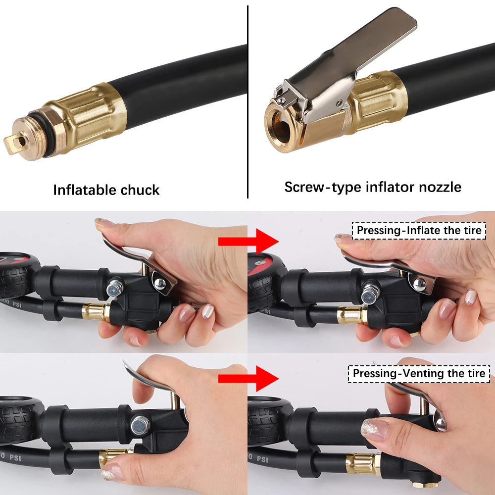 Chuck and nozzle types, with the trigger to inflate and the button to let air out