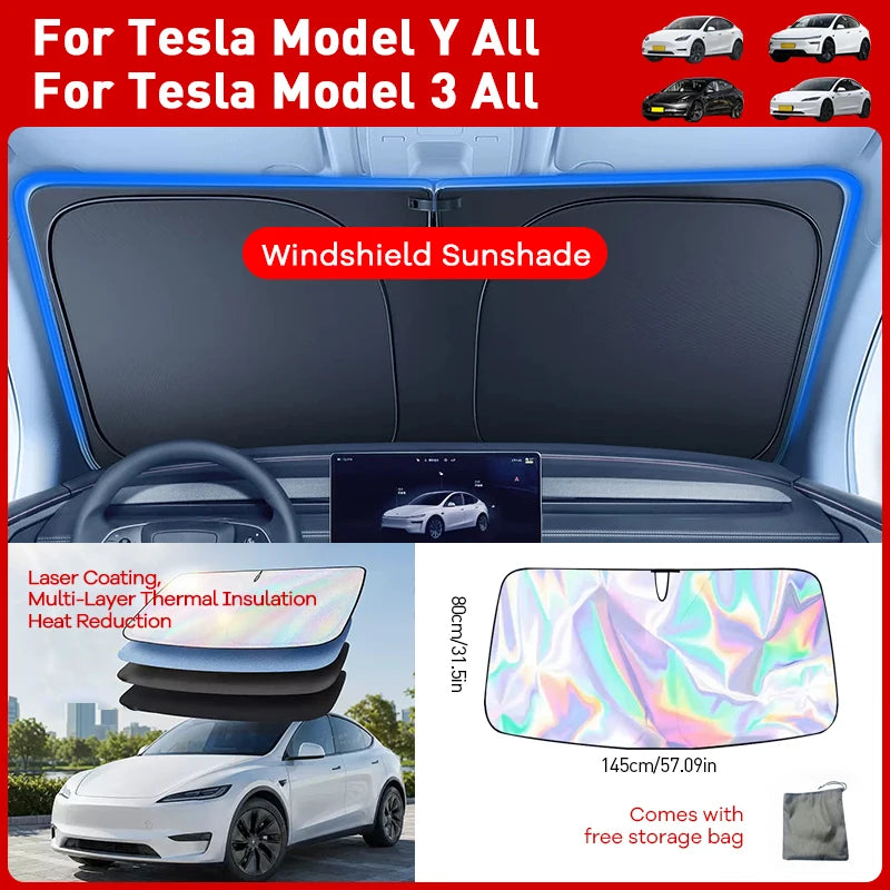 Windshield Sun Shade for Tesla Model 3 and Model Y, Highland and Juniper, 4-Layer Reflective Foldable Shade, Silver or Laser Finish
