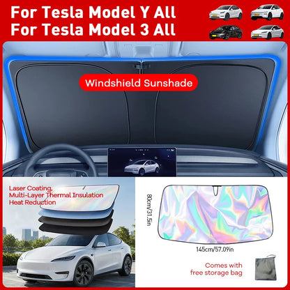 Windshield Sun Shade for Tesla Model 3 and Model Y, Highland and Juniper, 4-Layer Reflective Foldable Shade, Silver or Laser Finish