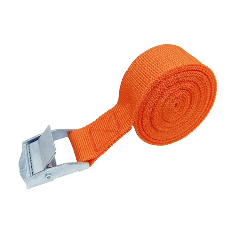 Orange cargo strap with metal cam buckle