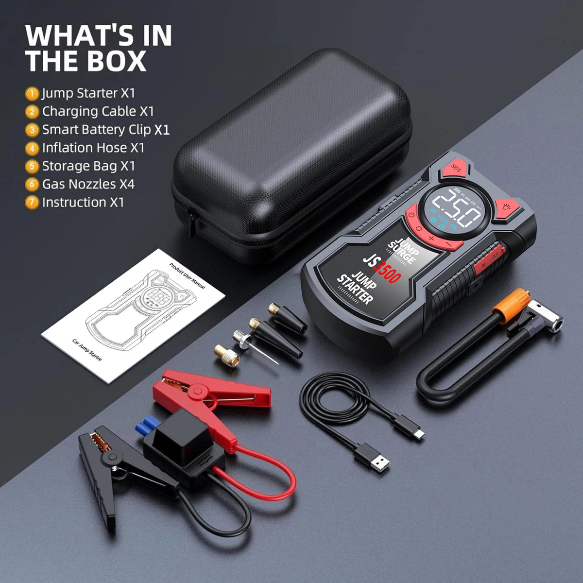 What's in the box: jump starter, charging cable, smart battery clamps, inflation hose, storage case, 4 nozzles and manual