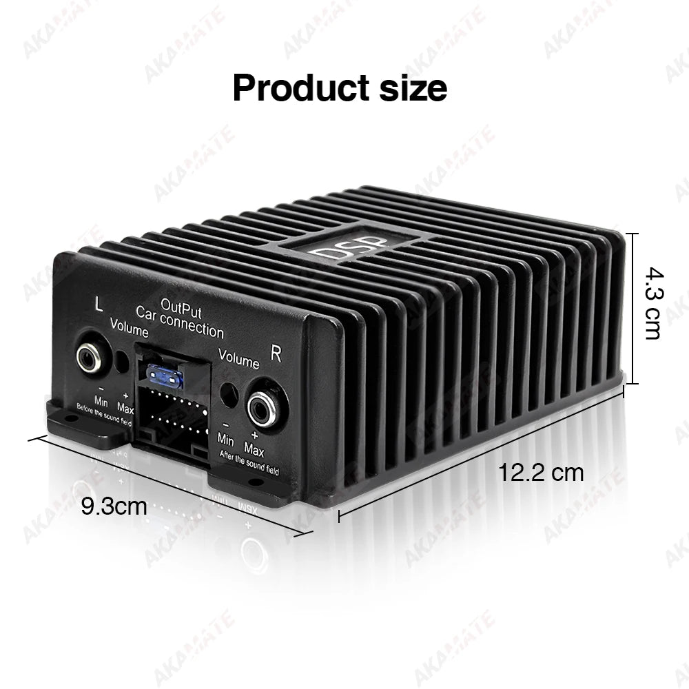 DSP car amplifier with dimension markings