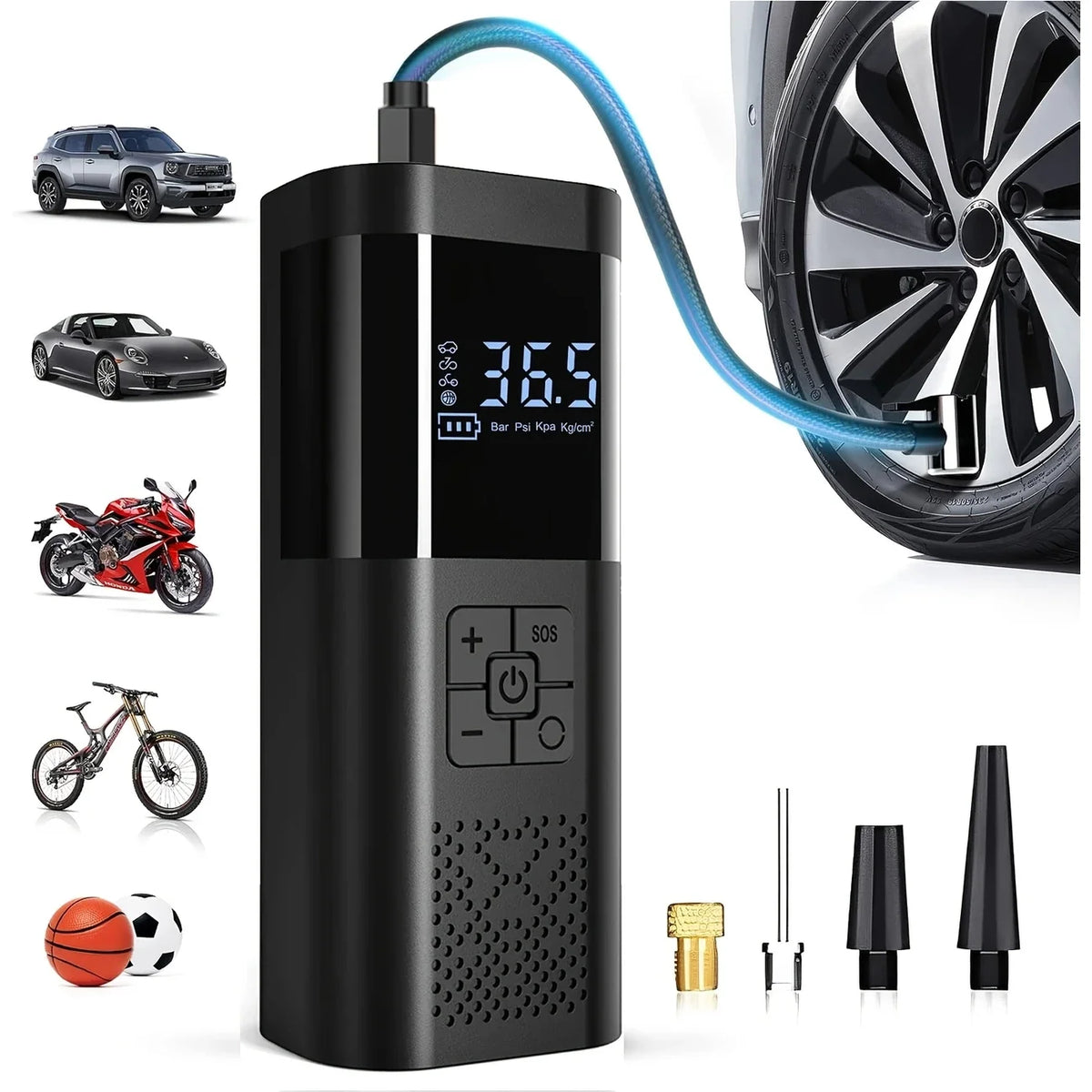 Compact black cordless tire inflator with air hose and nozzle adapters